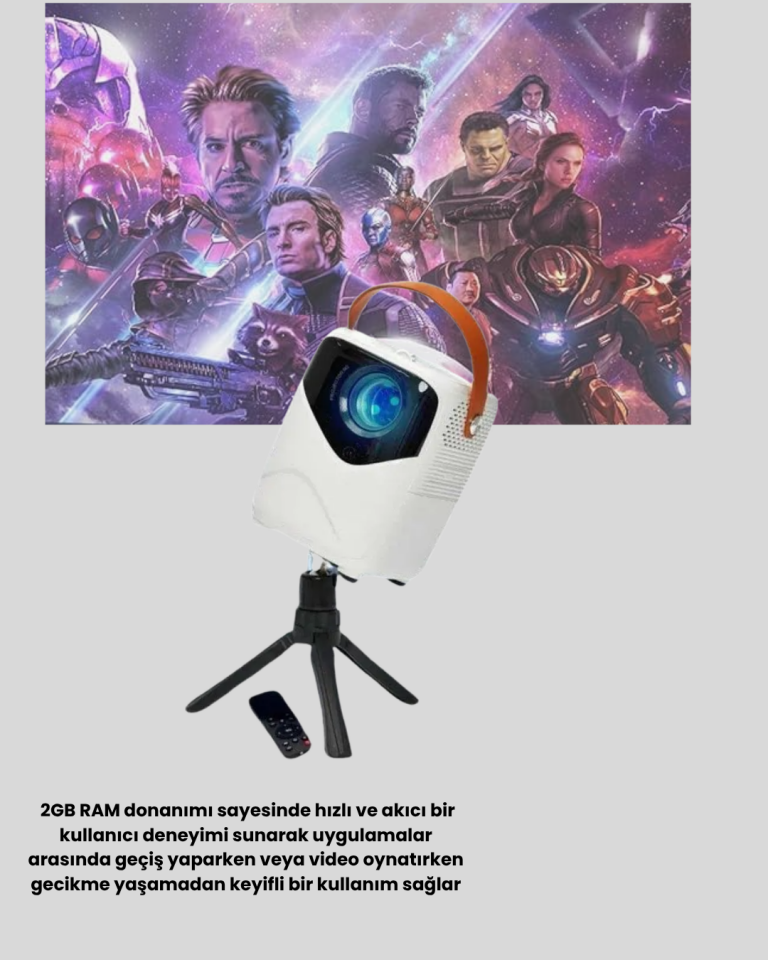 Taşınabilir Akıllı 1080P Projektör – 64GB Hafıza, 2GB RAM, Full HD Görüntü, Kumandalı