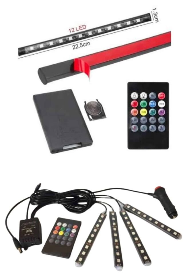 RGB Işıklı Araç İçi Aydınlatma Kumandalı 12'li Led Işık Renk Değiştirebilen