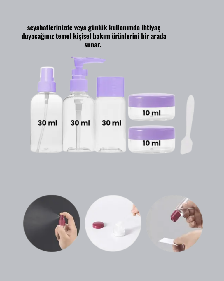 Seyahat Bakım Seti 5 Parça Sızdırmaz Şeffaf Kapaklı 30ml