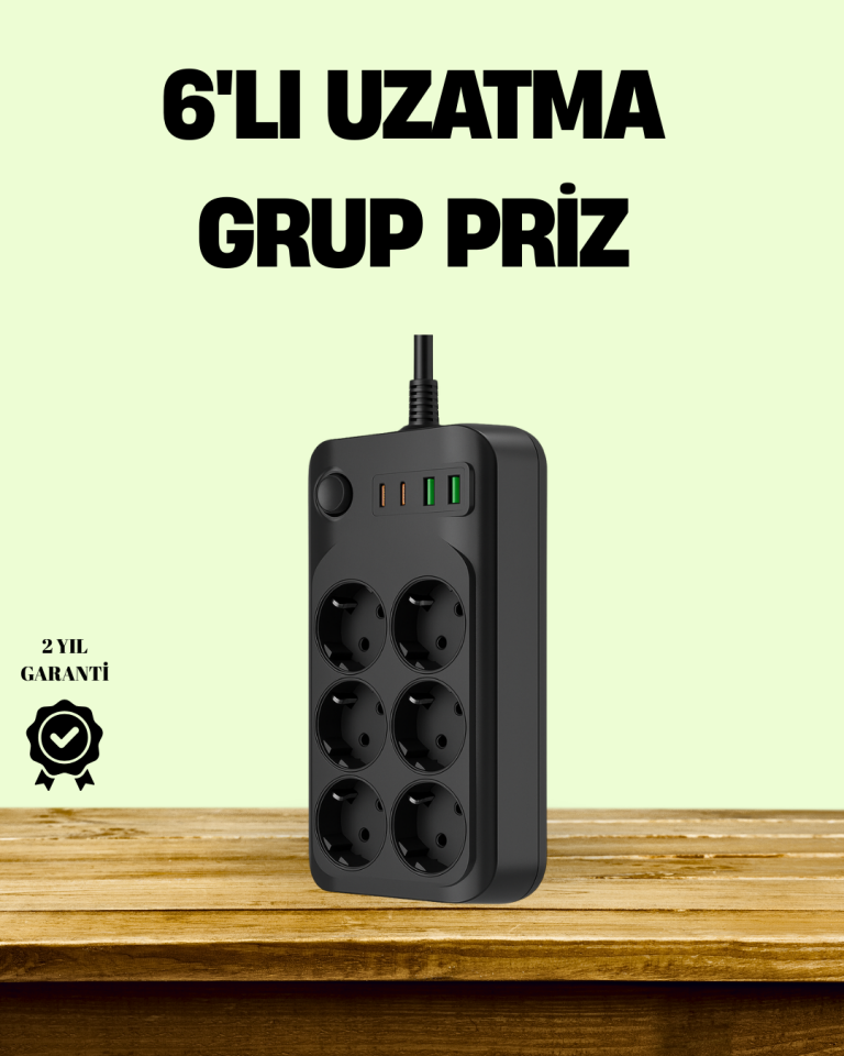 2500W Güçlü 6’lı Priz USB ve Type-C Çıkışlı Termal Korumalı