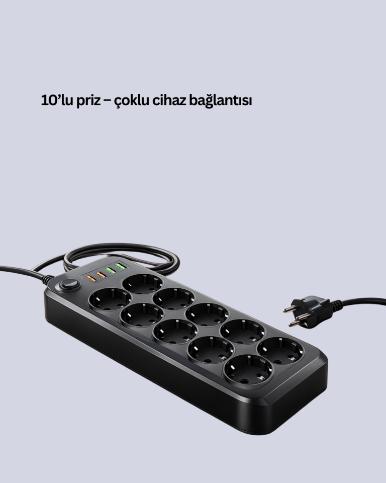 10 Prizli Uzatma Kablosu Termal Koruma USB Type-C Hızlı Şarj 2500W