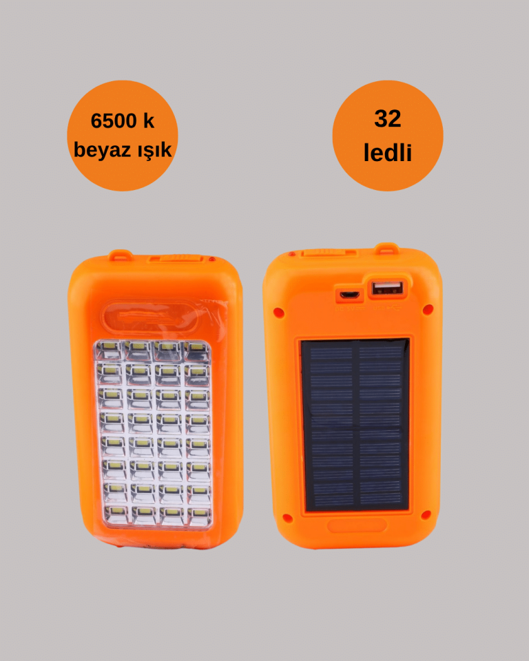 Güneş Enerjili LED Powerbank Işıldak – 10000 mAh, Su Geçirmez, 32 LED, Taşınabilir Tasarım