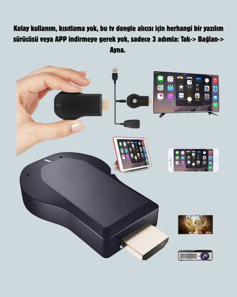 Yazılım Gerektirmeyen Kablosuz Mirroring Adaptörü – 1080p HD Görüntü Kalitesi