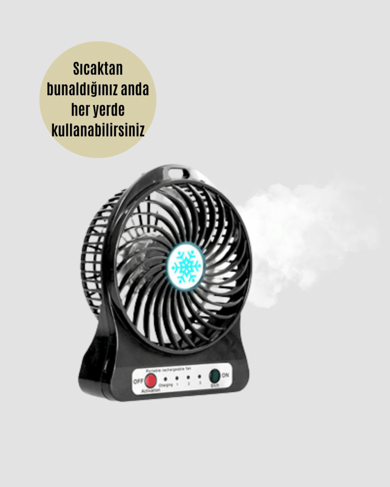 USB Girişli Taşınabilir Masaüstü Mini Fan – 3 Kademeli Hız, Şarjlı, Işıklı, Sessiz Çalışma