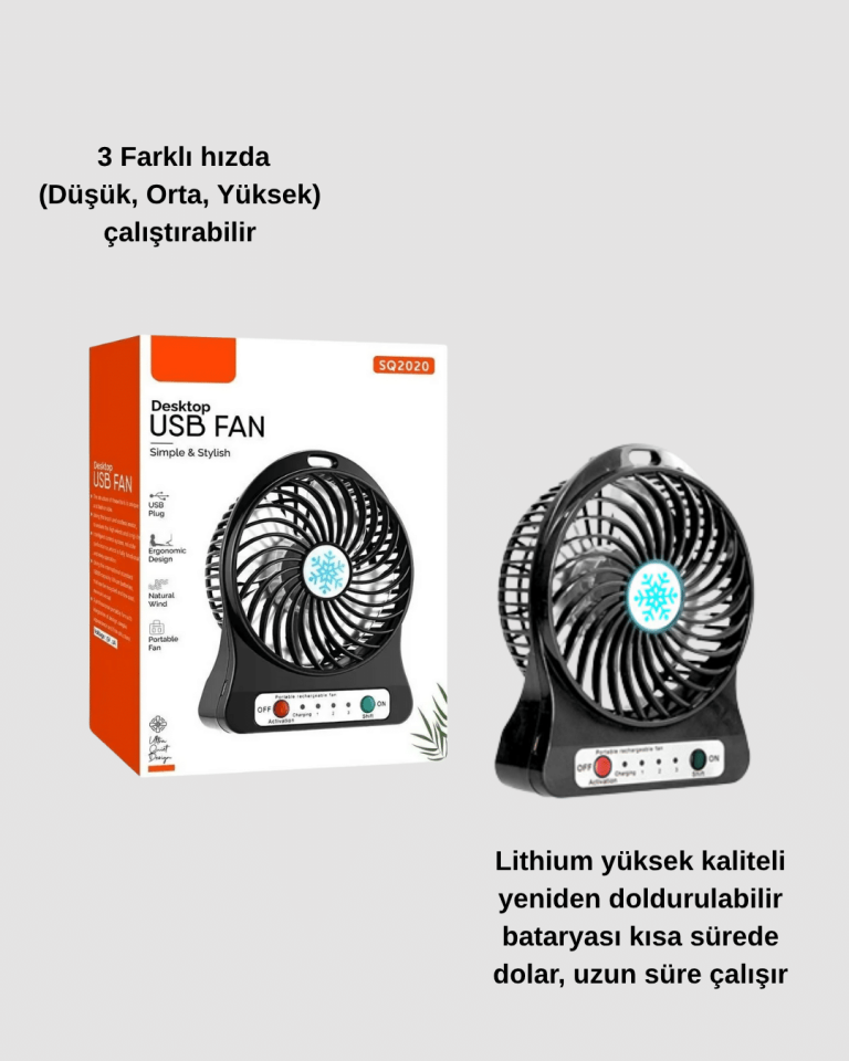 USB Girişli Taşınabilir Masaüstü Mini Fan – 3 Kademeli Hız, Şarjlı, Işıklı, Sessiz Çalışma