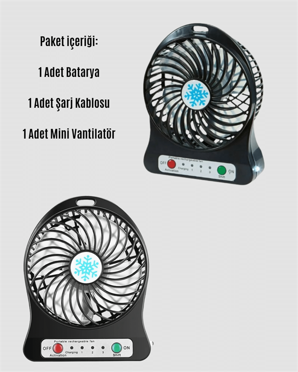 USB Girişli Taşınabilir Masaüstü Mini Fan – 3 Kademeli Hız, Şarjlı, Işıklı, Sessiz Çalışma