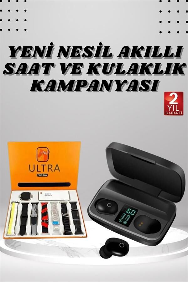 Yeni Nesil Akıllı Saat ve Bluetooth Kulaklık Kampanyası Dokunmatik Kare 7 Kordonlu