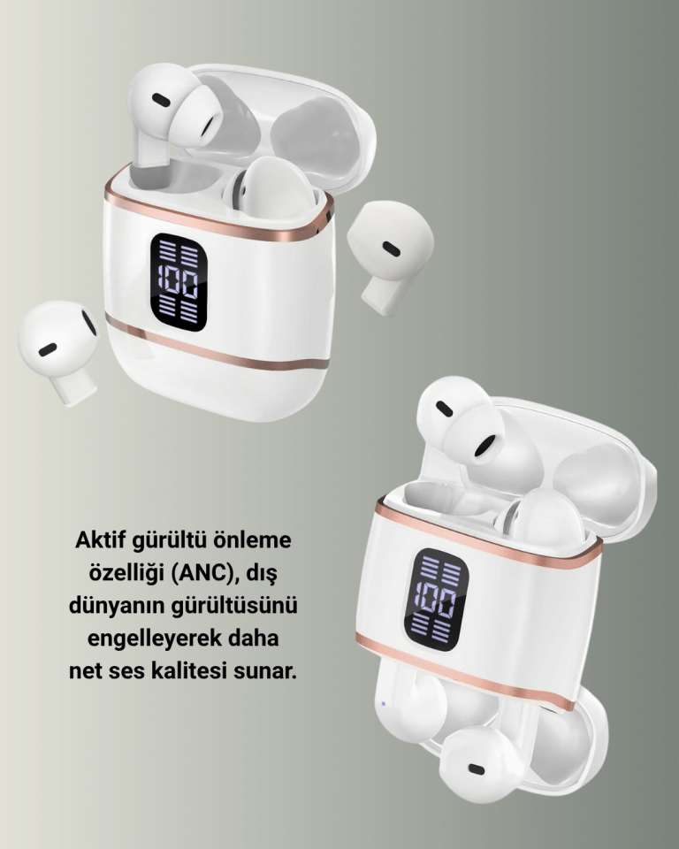 Bluetooth 5.3 Kulaklık – 4 Adet, Çift Kulaklıklı, Dijital Göstergeli, ANC + ENC