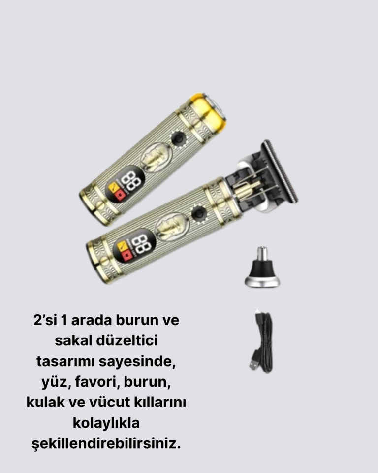 T Bıçaklı Profesyonel Saç ve Sakal Düzeltici – 8 Kılavuz Tarağı, 2’si 1 Arada Burun ve Sakal Trimmer