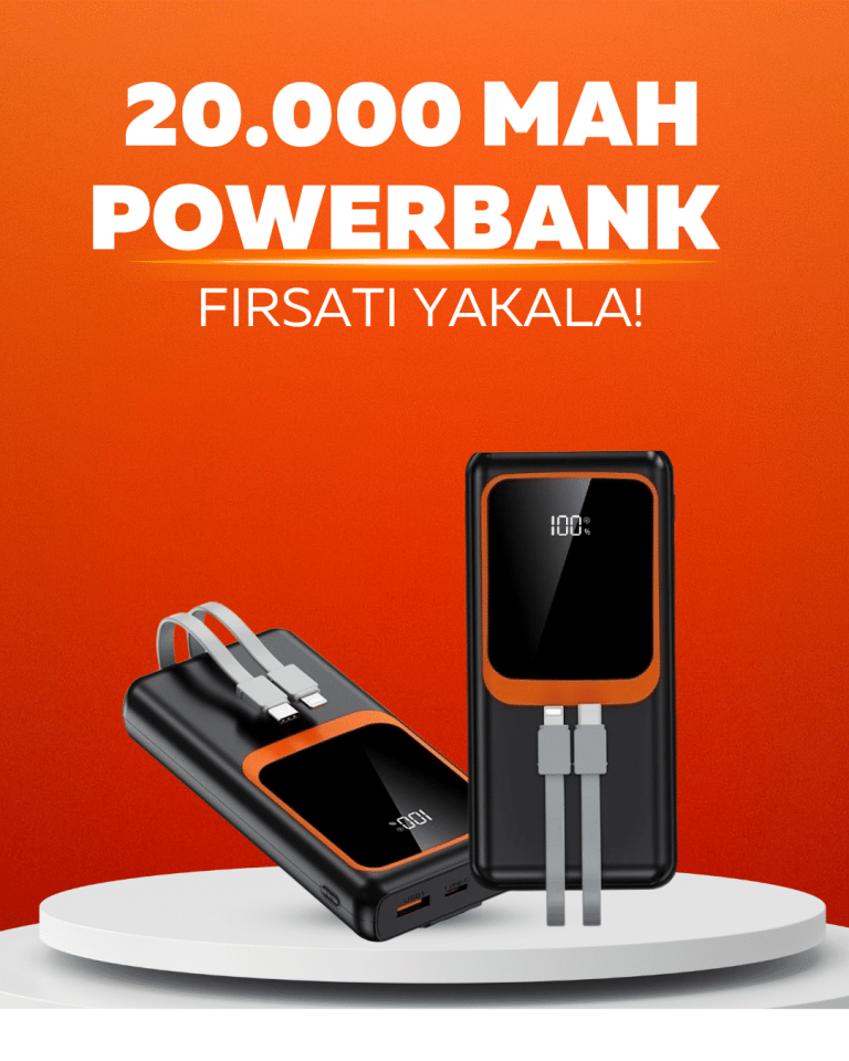 20.000 mAh Powerbank – 22.5W Hızlı Şarj, Çok Kablolu, Dijital Göstergeli