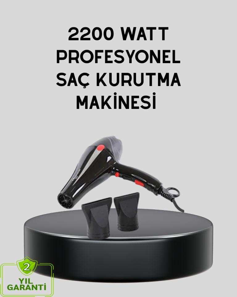 Profesyonel 2200W Fön Makinesi – AC Motorlu, Hızlı Kurutma, Hafif Tasarım