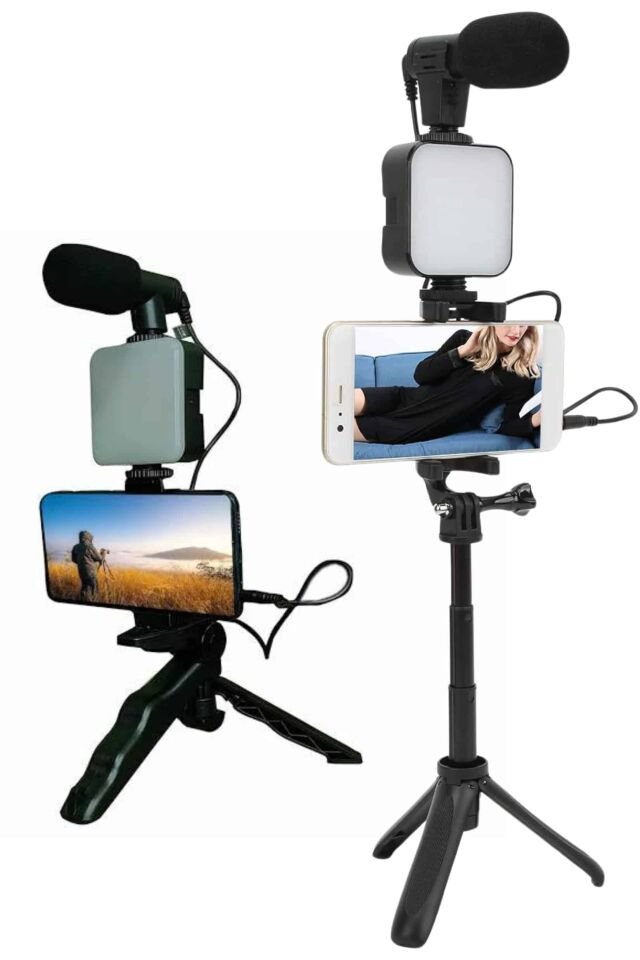 Telefon Tutucu Led Işıklı Kumandalı Mikrofon Telefon Vlog Video Kayıt