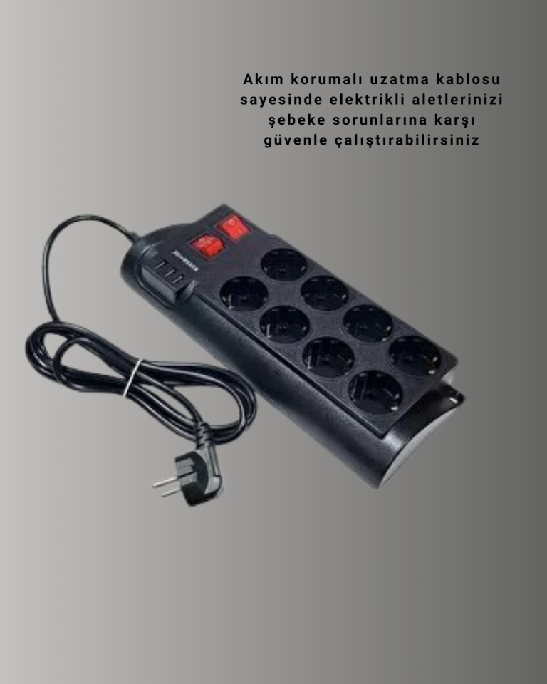 Isıya Dayanıklı Termal Akım Korumalı 8'li Priz ve 3 USB Girişli Uzatma Kablosu